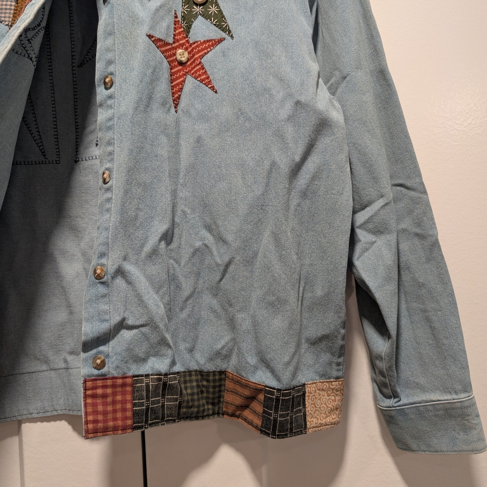 VINTAGE Country Plaid Stars Embroidered Denim Shirt Jacket Size Medium - Picture 3 of 12